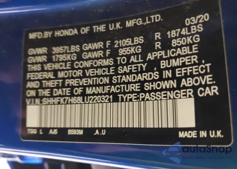 2020 Honda Civic Ex from USA, damaged, VIN SHHFK7H68LU220321